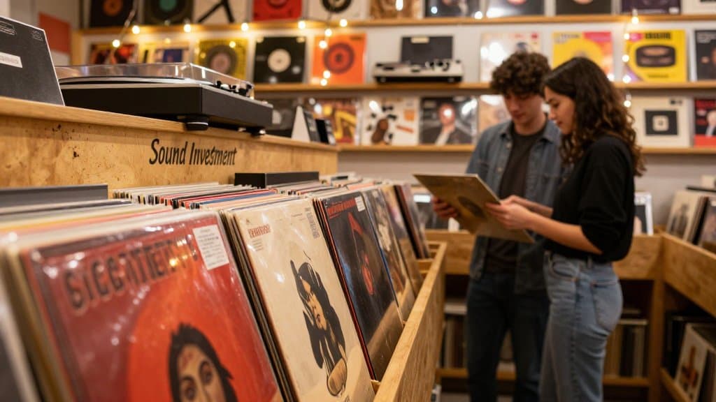 Vinyl record shop with vibrant displays and diverse customers.
