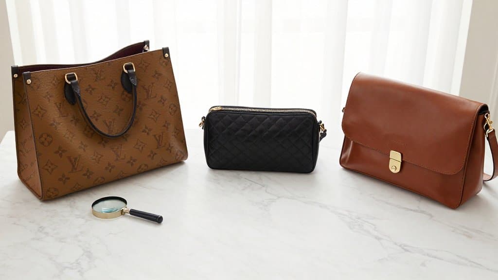 Three designer handbags on a marble surface with a magnifying glass, representing how to tell if a Louis Vuitton bag is real and authenticate other luxury finds