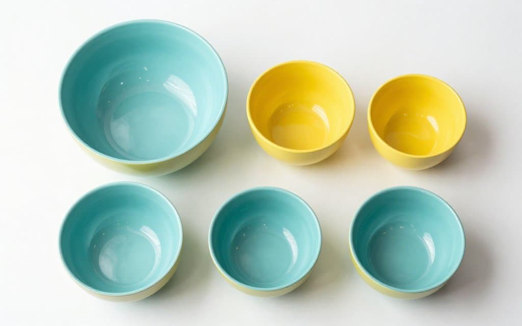 Top-down view of a nested vintage Pyrex mixing bowl set showing the graduated 400 series shapes.