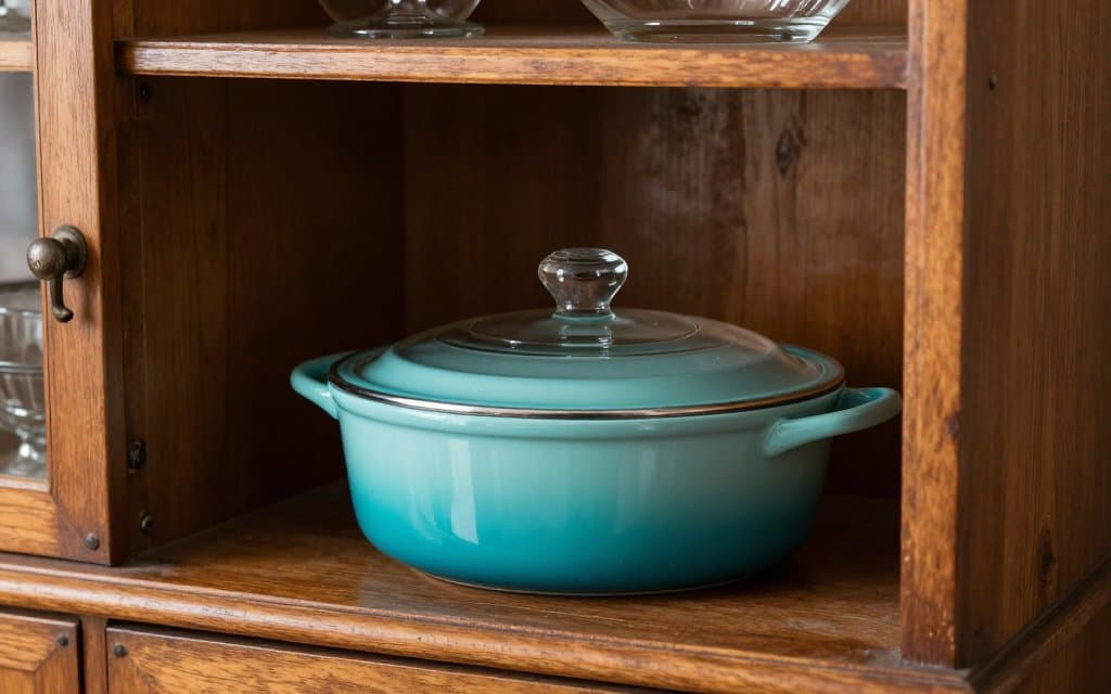 Rare turquoise Butterprint Pyrex casserole displayed on a collector shelf among other valuable Pyrex patterns.