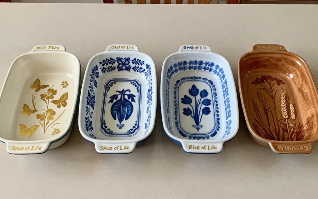Four common 1970s vintage Pyrex patterns lined up for comparison, including Butterfly Gold and Spice of Life.