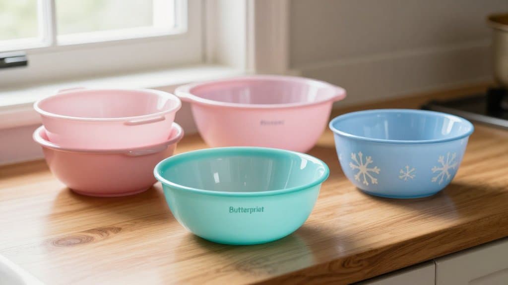 Collection of vintage Butterprint Pyrex and other mid-century patterns arranged on a wooden kitchen counter.