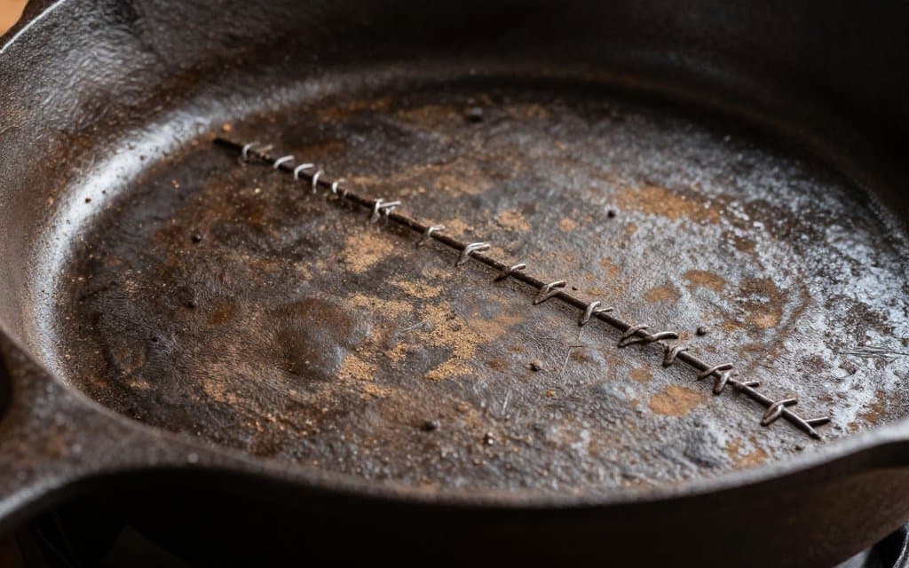 Macro of a raised gate mark seam on the base of gatemark cast iron, the key pre 1890 dating clue