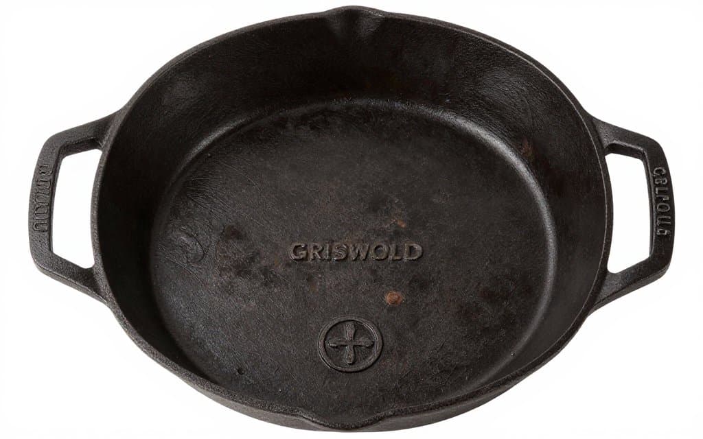Underside of a Griswold cast iron skillet showing the cross in circle logo used for cast iron skillet identification