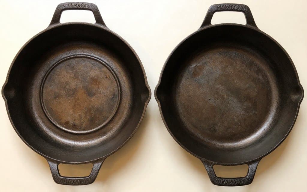Two antique cast iron pan bottoms compared, one with a raised heat ring and one flat, for dating