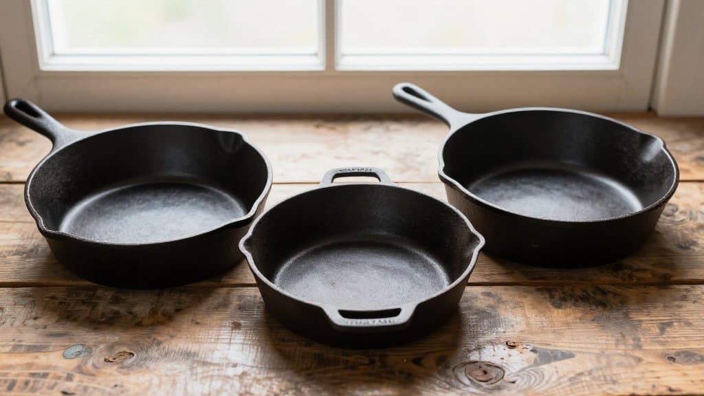 Three vintage cast iron skillets of different sizes on rustic barn wood, hero for a gatemark cast iron identification guide