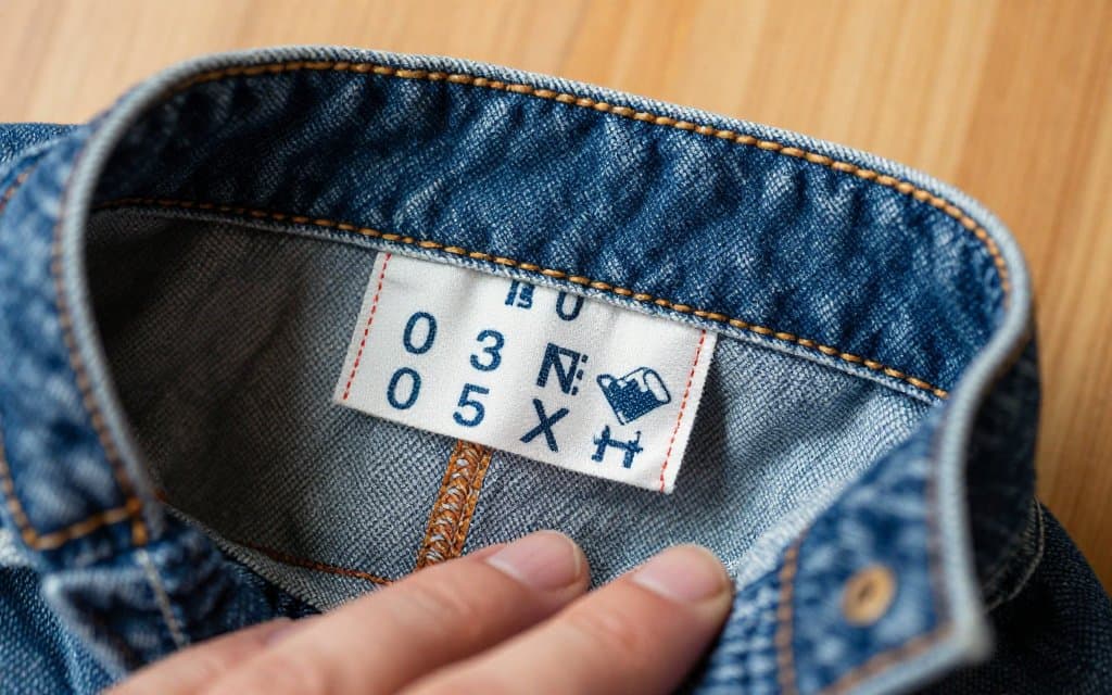 Macro of a vintage Levis care tag showing the production date code numbers