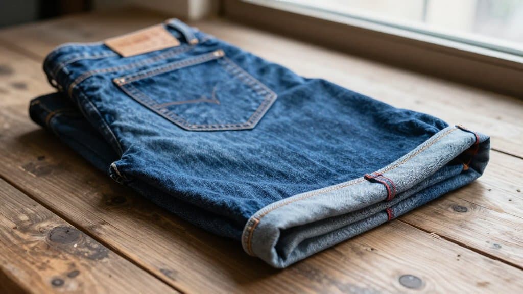 Vintage selvedge denim Levis jeans folded on wood with the red selvedge line visible on the cuff