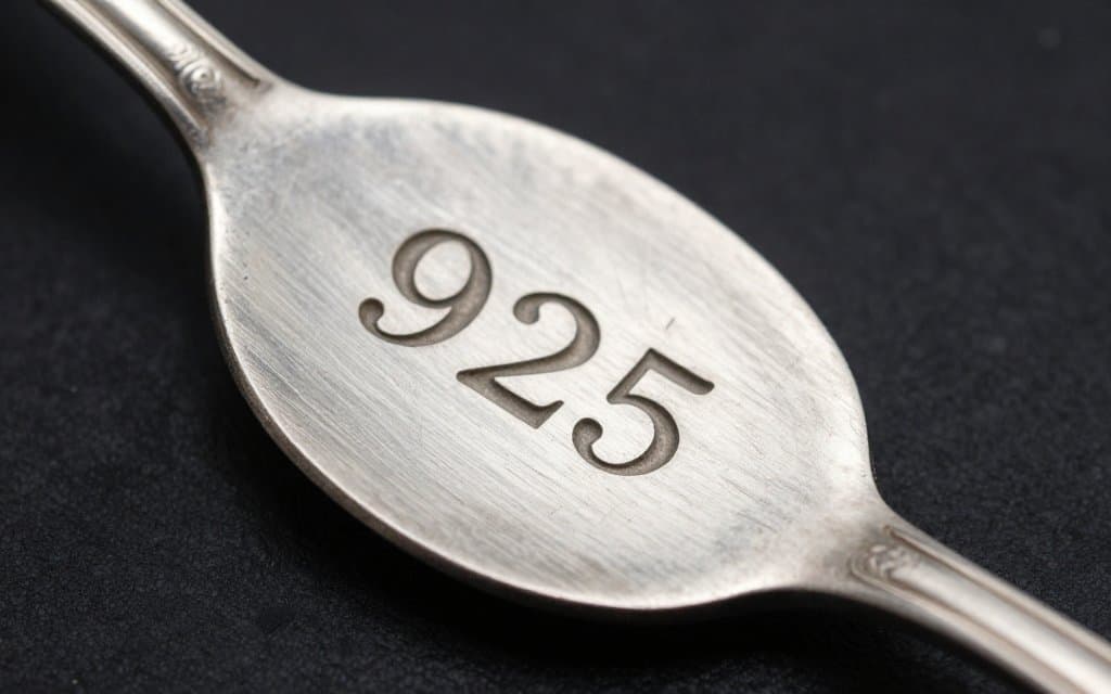 Macro of sterling silver markings, a 925 stamp on the back of a thrifted spoon