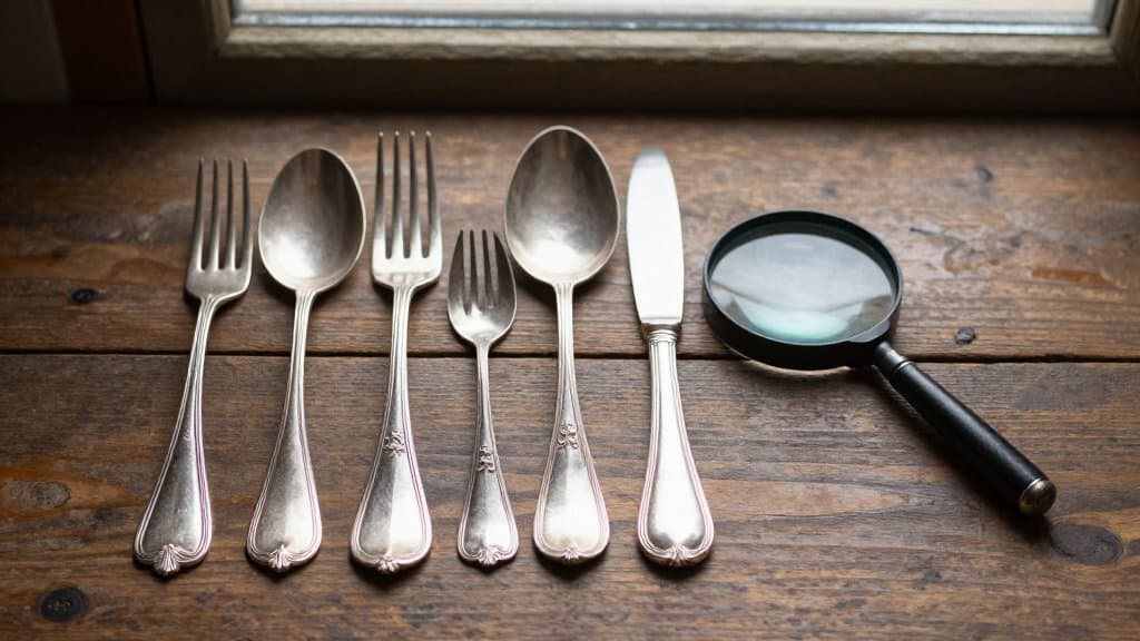 Vintage sterling silver flatware and a jeweler's loupe on weathered wood, showing sterling silver markings up close