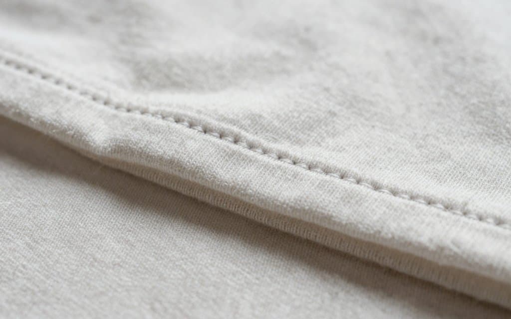 Macro of a single stitch hem on a faded vintage cotton t-shirt
