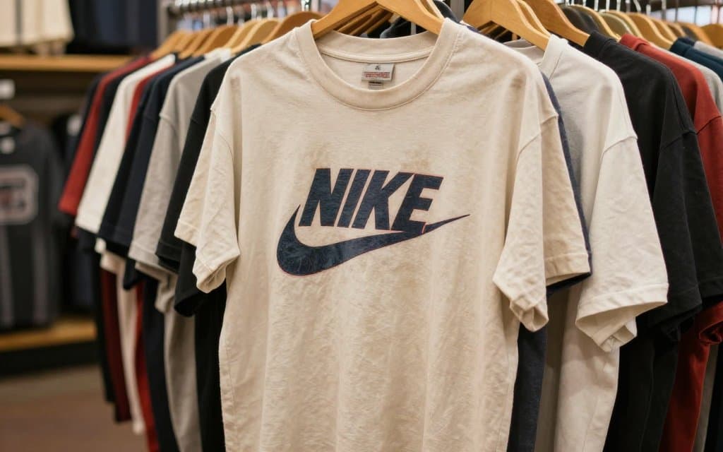 A vintage Nike shirt hanging on a thrift store rack among other tees