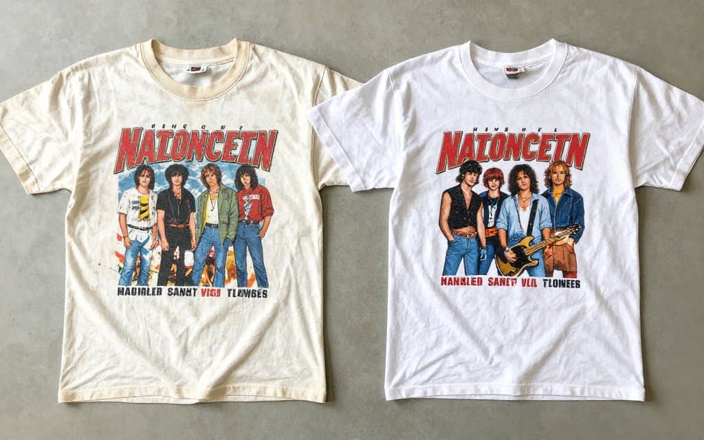 Comparison of an original and a reprint of 80s band tour shirts