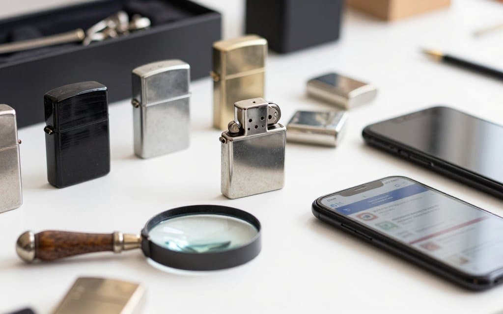 Vintage Zippo cases on a reseller table for resale value research
