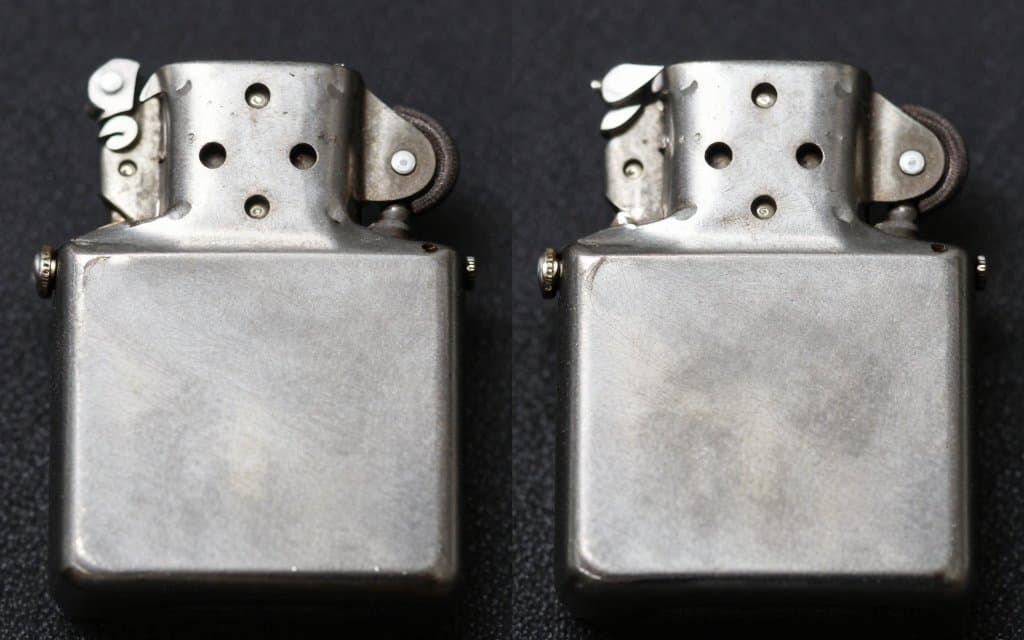 Comparison of a genuine and a fake Zippo bottom stamp side by side