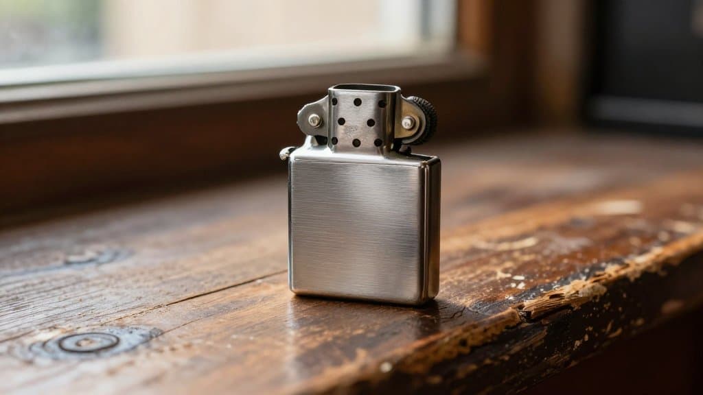 Vintage chrome Zippo lighter tilted to show the zippo date codes stamped on its base