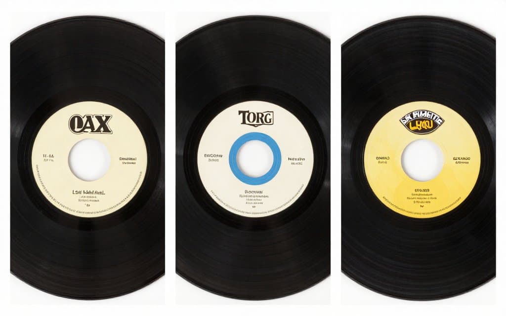 Top down comparison of record labels and catalog numbers on valuable vinyl records.