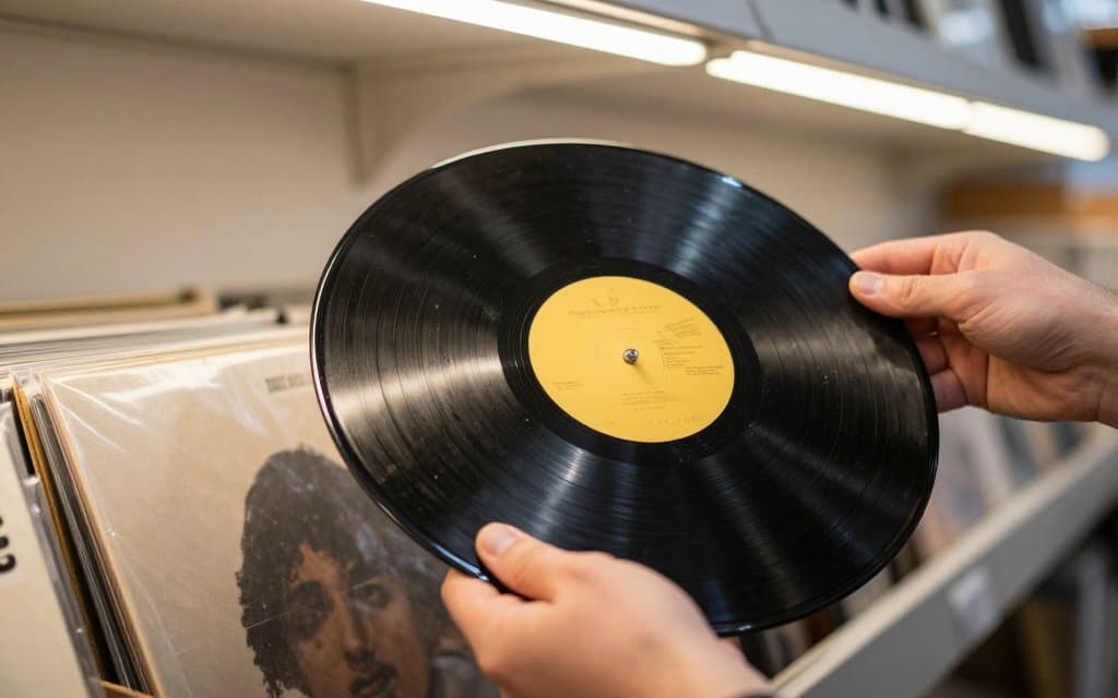Hands checking a record for scratches to grade high value vinyl records in a shop.