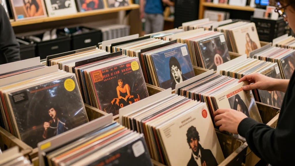 A thrifter flipping through crates searching for vinyl records worth money at a secondhand shop.