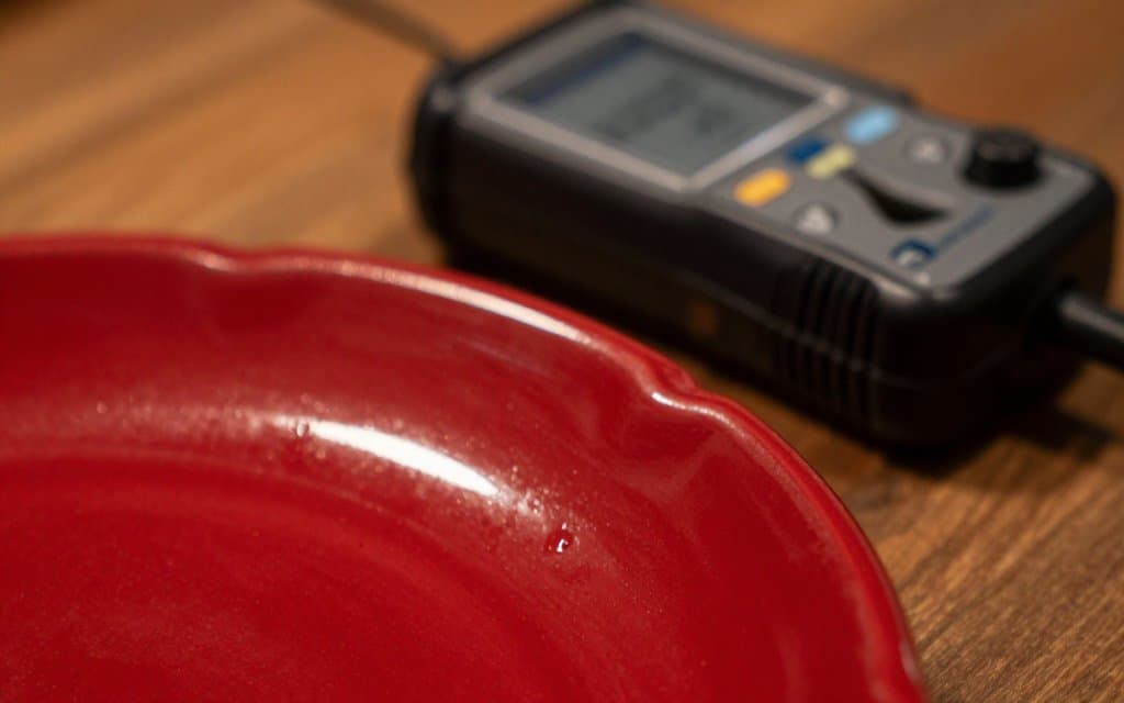 Macro of vintage red Fiesta glaze beside a radiation meter showing the fiestaware radioactive uranium red