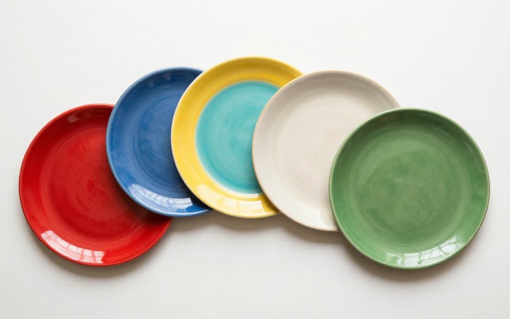 Top down array of vintage Fiesta colors from red to medium green arranged by year