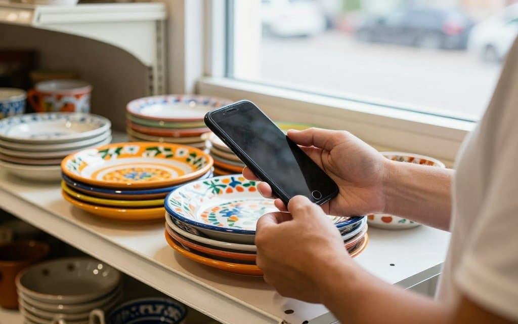 Reseller scanning a stack of vintage Fiesta dishes on a thrift store shelf to check resale value