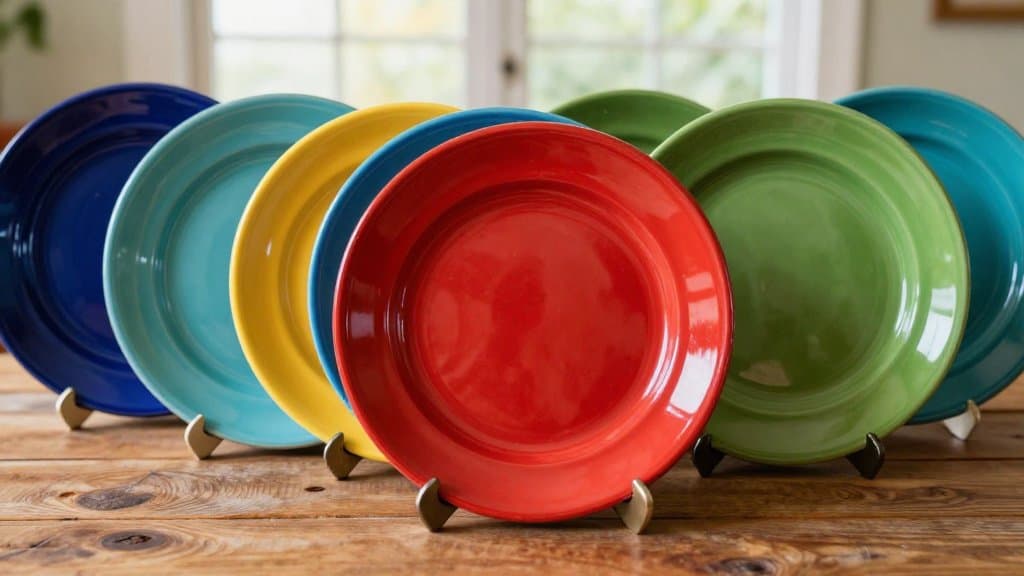 Row of vintage Fiesta plates including the radioactive red and rare medium green colors on a wood table