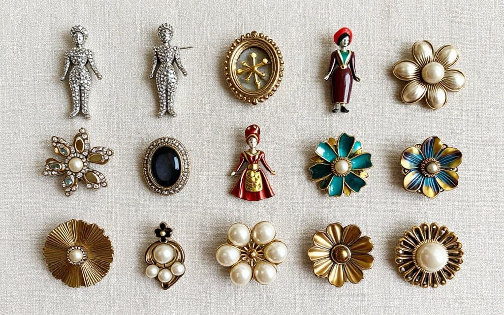 Top down flat lay of assorted vintage costume jewelry brooches by different makers.