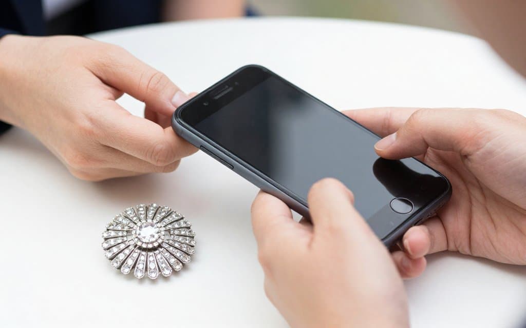 Reseller photographing a vintage costume brooch to estimate its costume jewelry value.