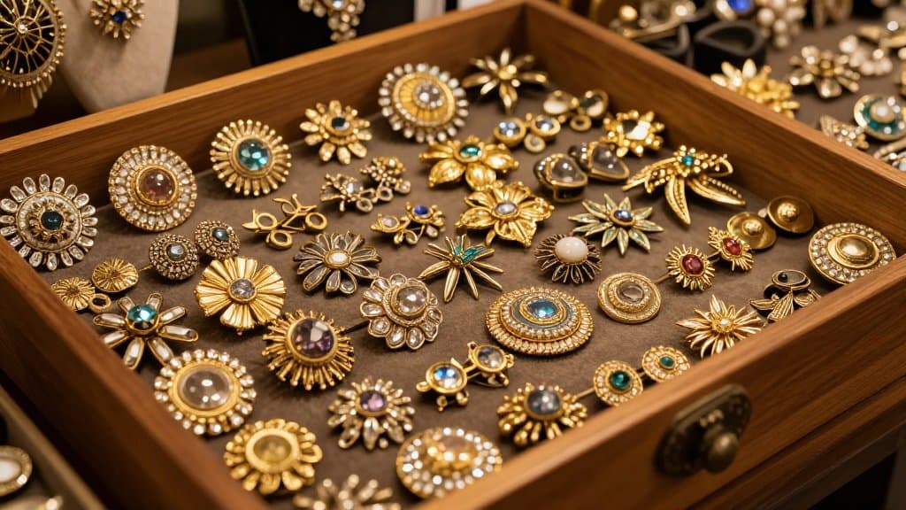 Tray of antique costume jewelry brooches in a thrift store display case.