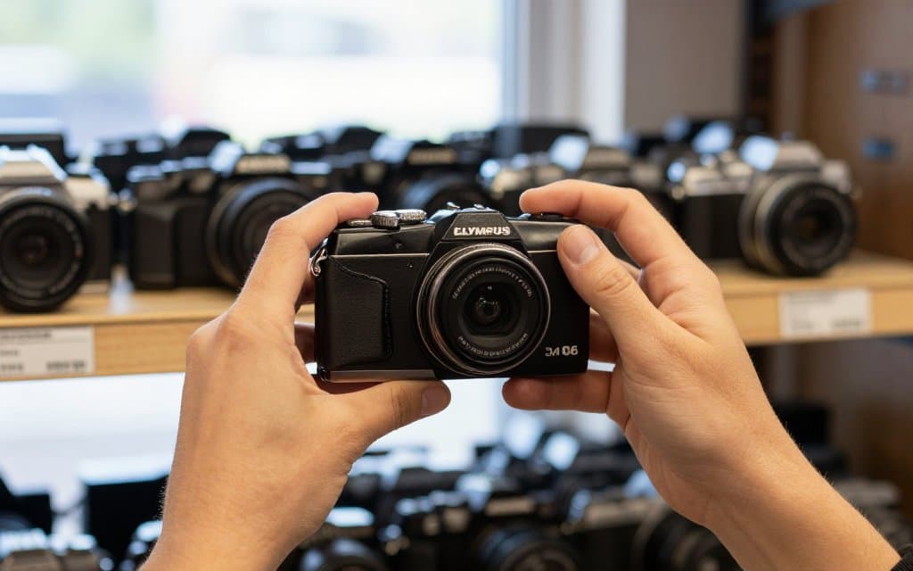 Hands holding a compact Olympus 35mm film camera at a thrift store shelf