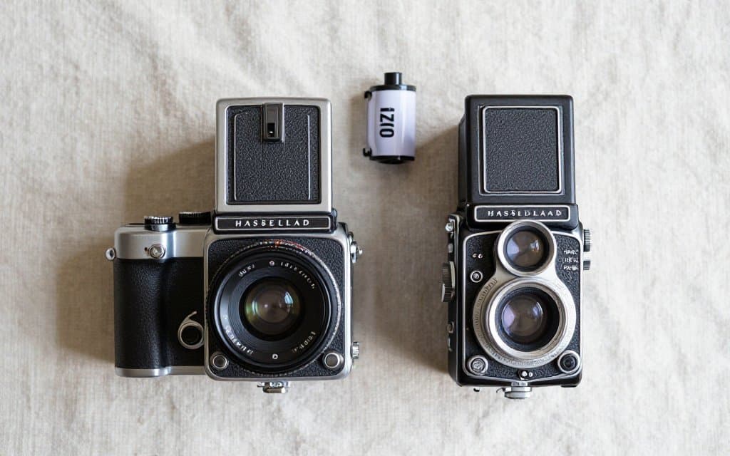 Top down flat lay of medium format film cameras with a roll of 120 film