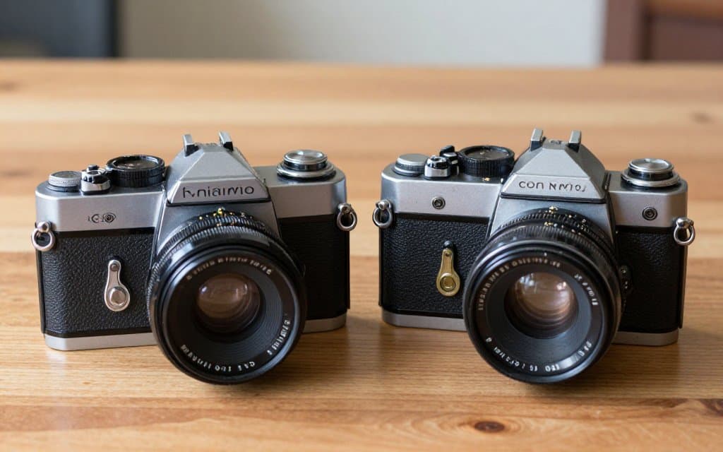 Two vintage cameras compared, one clean and one worn, on a wooden table