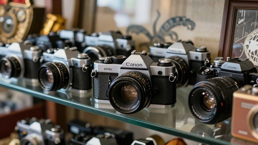 Vintage Canon AE-1 film camera on a thrift store shelf among other old cameras