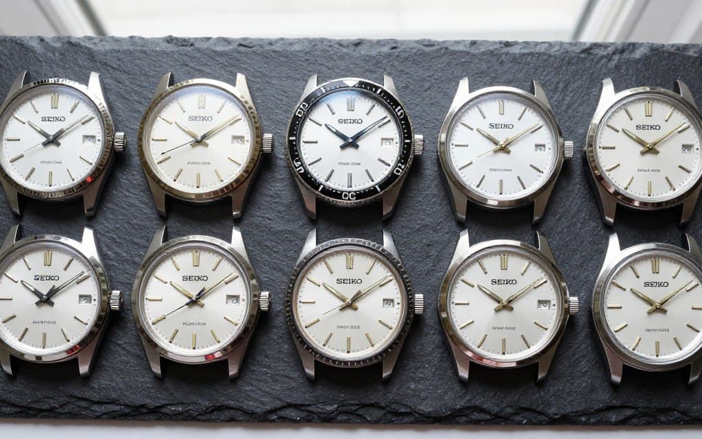 Top-down row of vintage seiko watches dials showing collectible references