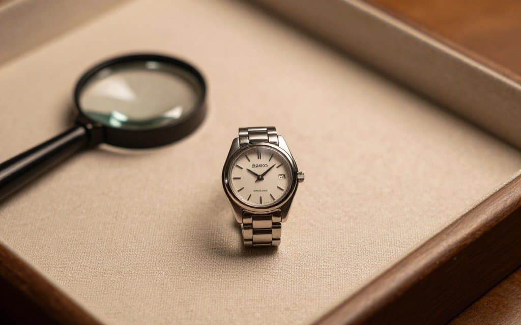 Vintage seiko women's watch on a tray beside a loupe for inspection