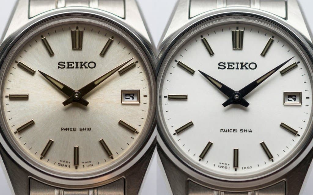 Comparison of original and refinished vintage seiko watch dials for authentication