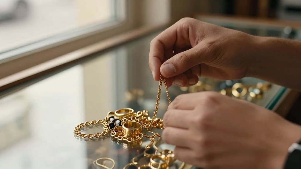 Hands sorting thrifted gold jewelry over a counter to tell if the gold is real