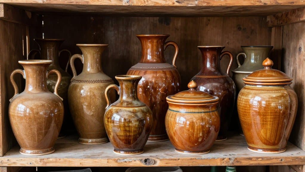 Vintage art pottery vases on a thrift store shelf ready for mark identification