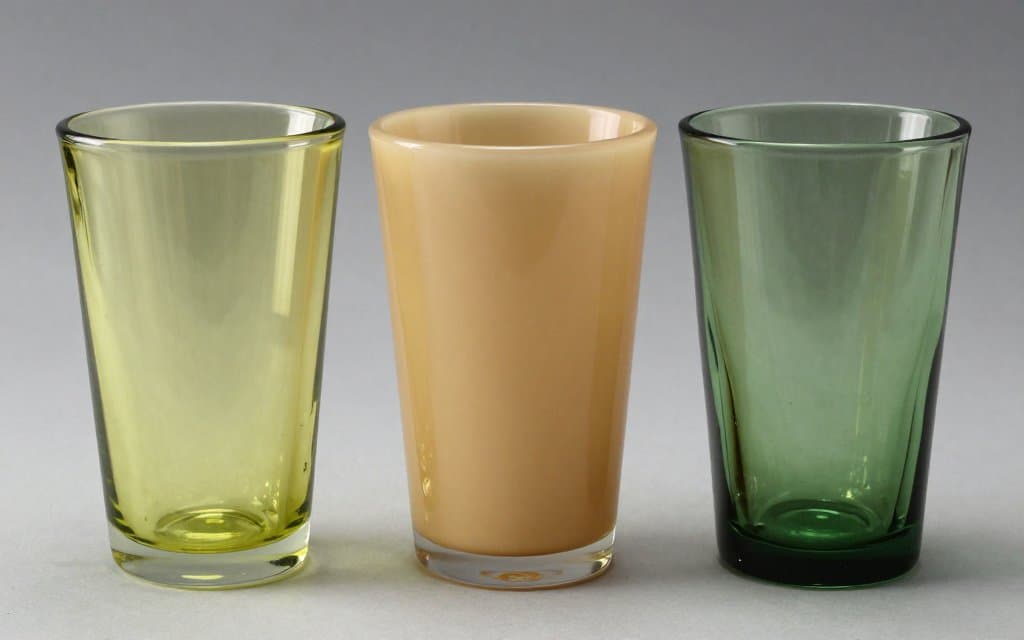 Transparent yellow-green glass beside custard and green depression glass