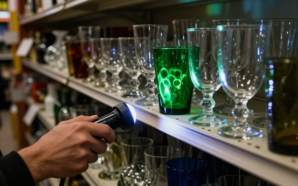 Shopper using a UV black light on a thrift store glassware shelf