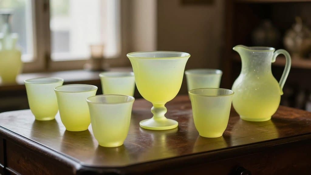Collection of yellow-green glowing glass pieces arranged on a dark antique shop table