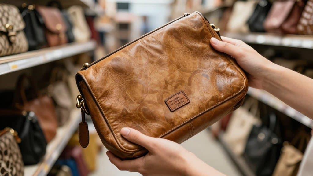 Hands revealing the interior serial number patch of a vintage coach bag in a thrift store aisle