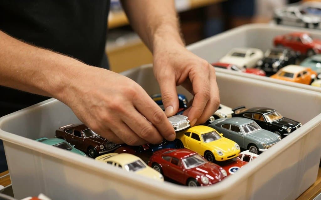 Hands sorting a thrift bin for vintage Hot Wheels worth flipping for profit