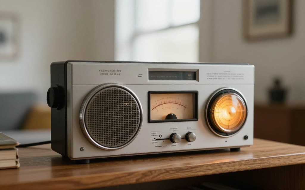 Vintage stereo receiver with a glowing dial on a wood shelf