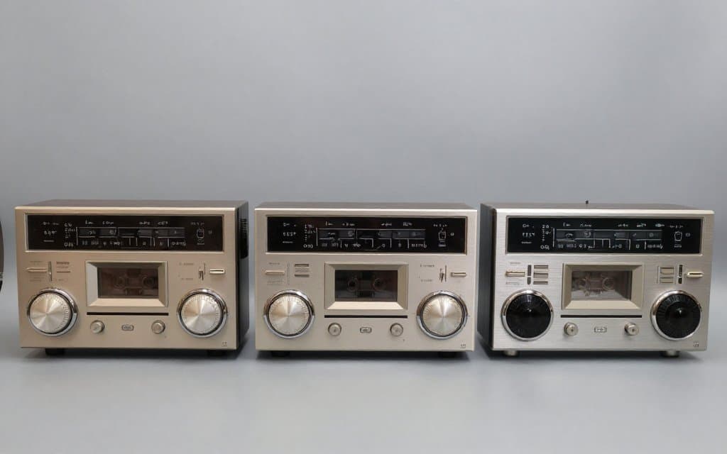 Three vintage stereo receivers compared from above by size