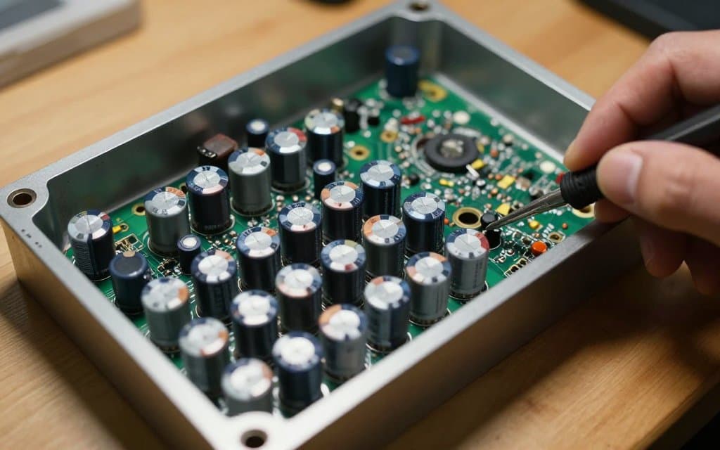 Open chassis of a vintage receiver showing capacitors during repair