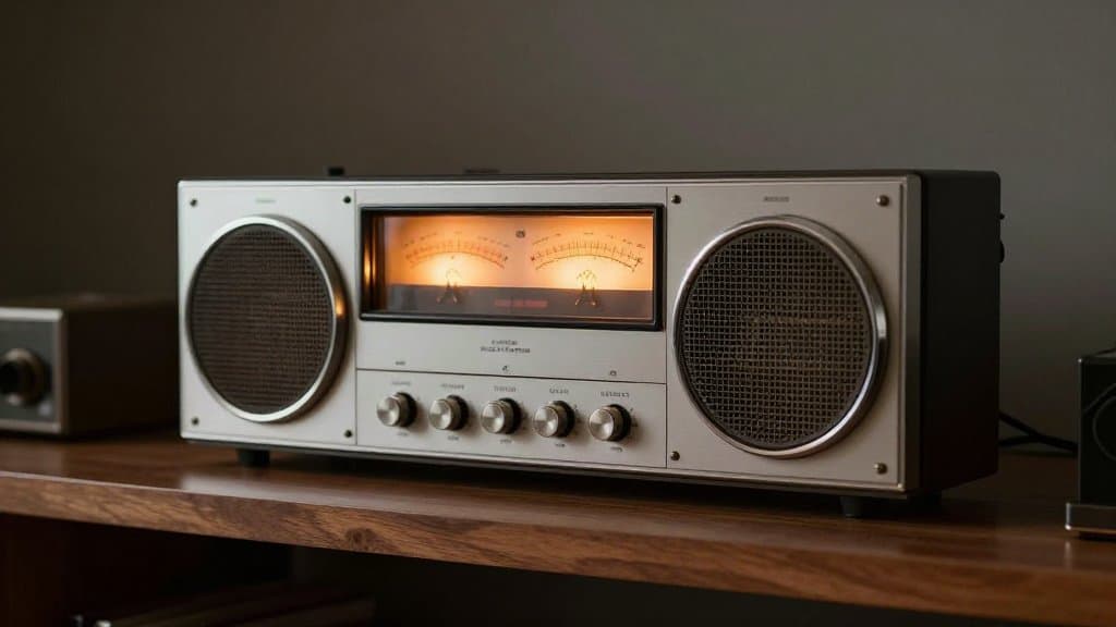 A silver face vintage AM FM stereo receiver glowing on a walnut shelf
