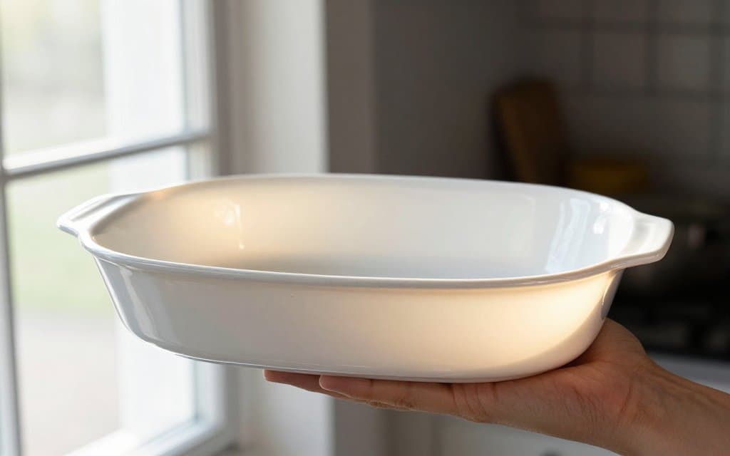 Blue Cornflower Corningware dish held to bright light showing faint Pyroceram translucency