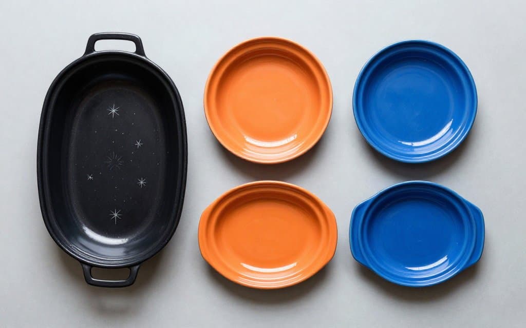 Top down comparison of rare vintage Corningware patterns including Black Starburst and Wildflower